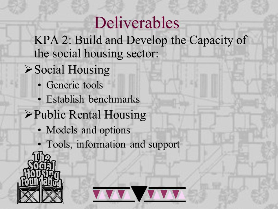 Deliverables KPA 2: Build and Develop the Capacity of the social housing sector:  Social Housing Generic tools Establish benchmarks  Public Rental Housing Models and options Tools, information and support