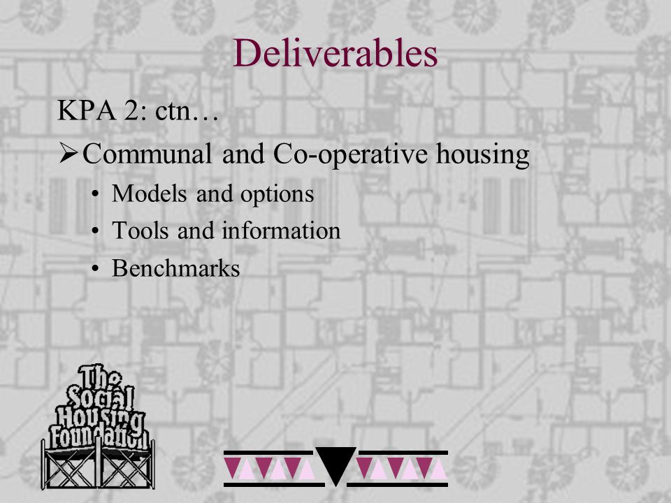Deliverables KPA 2: ctn…  Communal and Co-operative housing Models and options Tools and information Benchmarks
