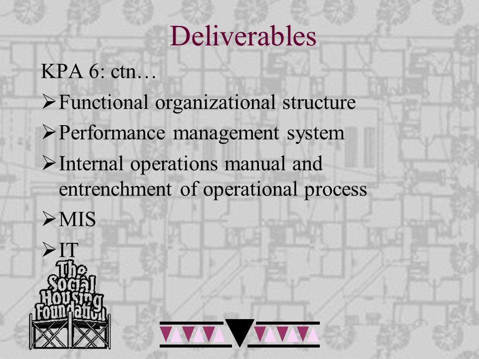 Deliverables KPA 6: ctn…  Functional organizational structure  Performance management system  Internal operations manual and entrenchment of operational process  MIS  IT