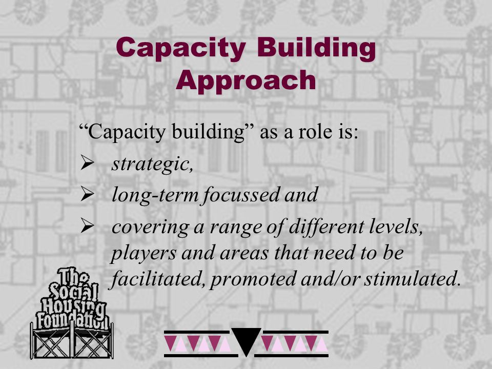 Capacity Building Approach Capacity building as a role is:  strategic,  long-term focussed and  covering a range of different levels, players and areas that need to be facilitated, promoted and/or stimulated.