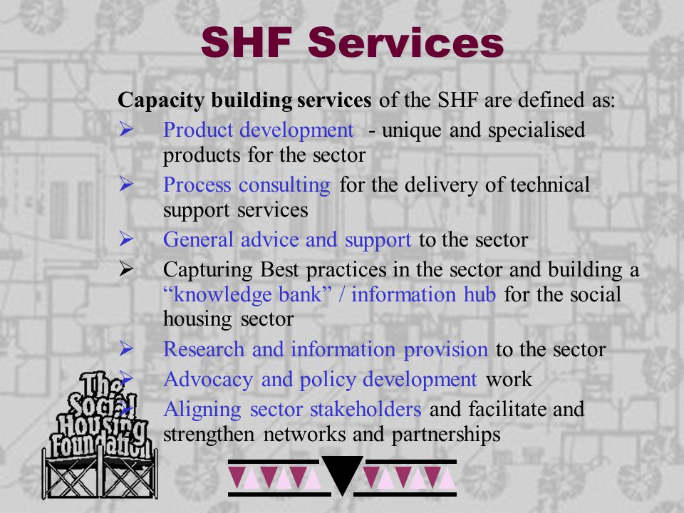 SHF Services Capacity building services of the SHF are defined as:  Product development - unique and specialised products for the sector  Process consulting for the delivery of technical support services  General advice and support to the sector  Capturing Best practices in the sector and building a knowledge bank / information hub for the social housing sector  Research and information provision to the sector  Advocacy and policy development work  Aligning sector stakeholders and facilitate and strengthen networks and partnerships