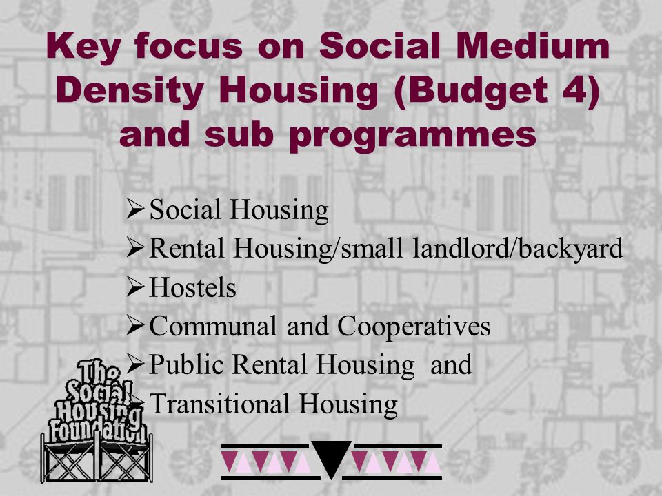 Key focus on Social Medium Density Housing (Budget 4) and sub programmes  Social Housing  Rental Housing/small landlord/backyard  Hostels  Communal and Cooperatives  Public Rental Housing and  Transitional Housing