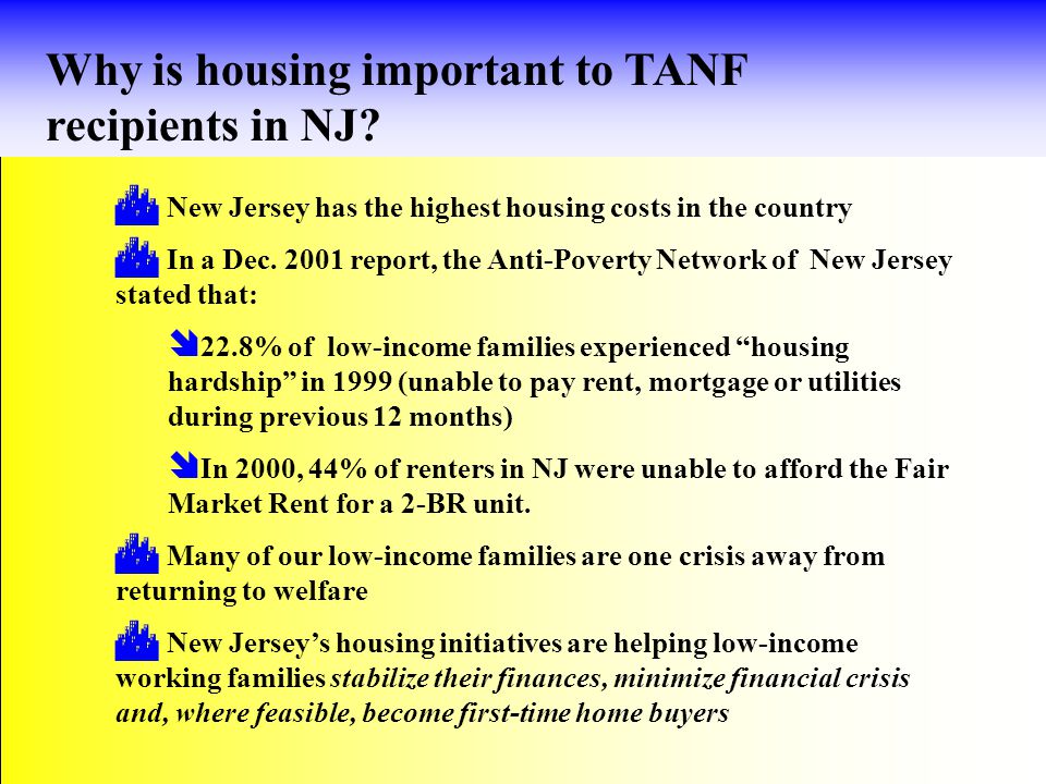 Why is housing important to TANF recipients in NJ.