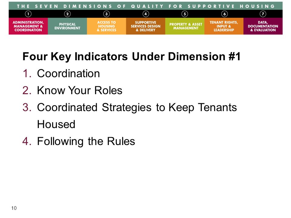 10 Graphics Four Key Indicators Under Dimension #1 1.Coordination 2.Know Your Roles 3.Coordinated Strategies to Keep Tenants Housed 4.Following the Rules