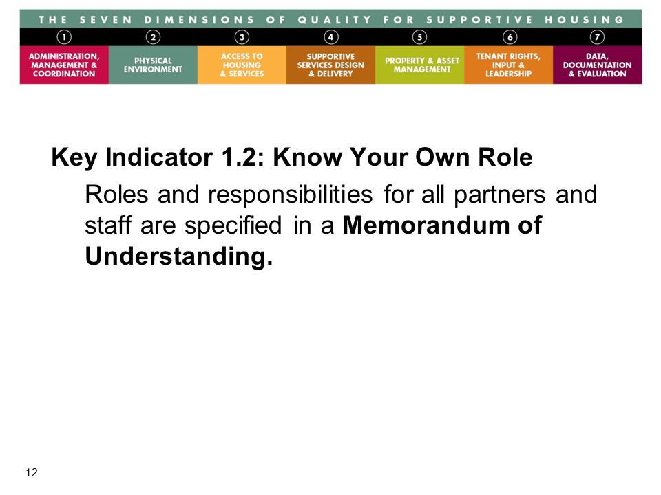 12 Key Indicator 1.2: Know Your Own Role Roles and responsibilities for all partners and staff are specified in a Memorandum of Understanding.