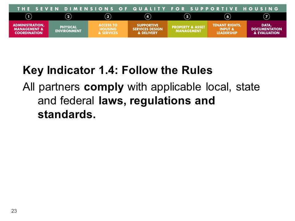 23 Key Indicator 1.4: Follow the Rules All partners comply with applicable local, state and federal laws, regulations and standards.