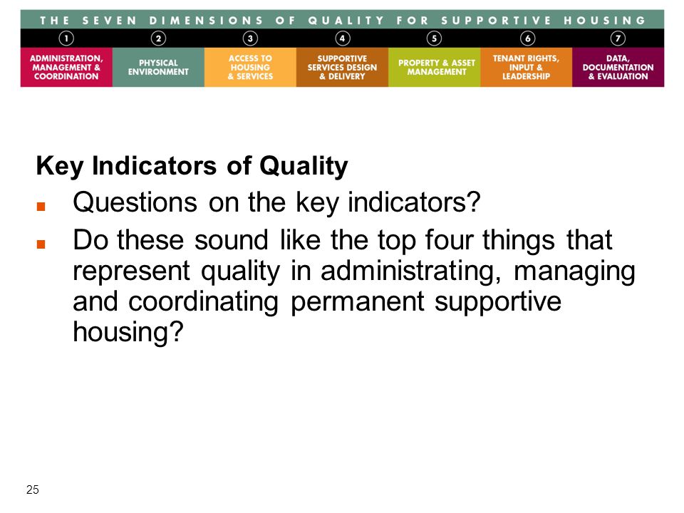 25 Key Indicators of Quality Questions on the key indicators.