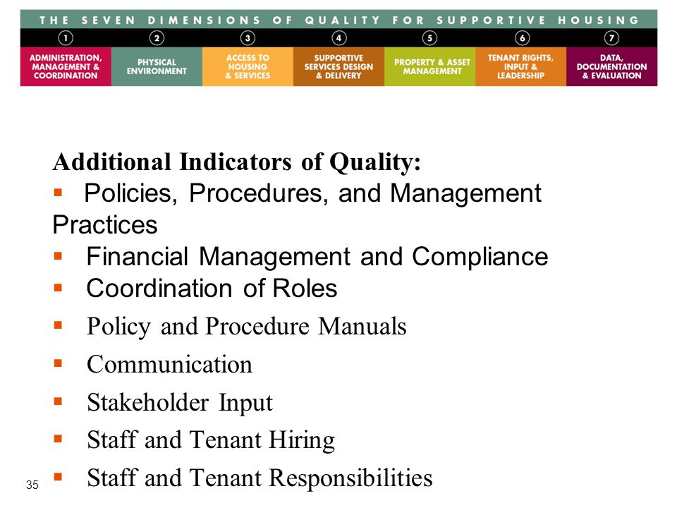 35 Additional Indicators of Quality:  Policies, Procedures, and Management Practices  Financial Management and Compliance  Coordination of Roles  Policy and Procedure Manuals  Communication  Stakeholder Input  Staff and Tenant Hiring  Staff and Tenant Responsibilities