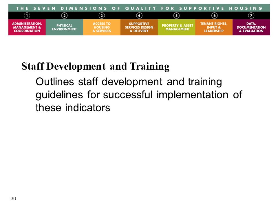 36 Staff Development and Training Outlines staff development and training guidelines for successful implementation of these indicators