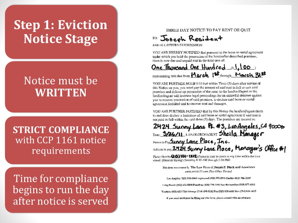 Step 1: Eviction Notice Stage Notice must be WRITTEN STRICT COMPLIANCE with CCP 1161 notice requirements Time for compliance begins to run the day after notice is served