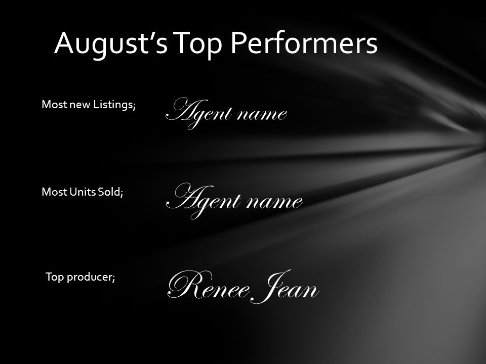 August’s Top Performers Most new Listings; Most Units Sold; Top producer; Agent name Renee Jean