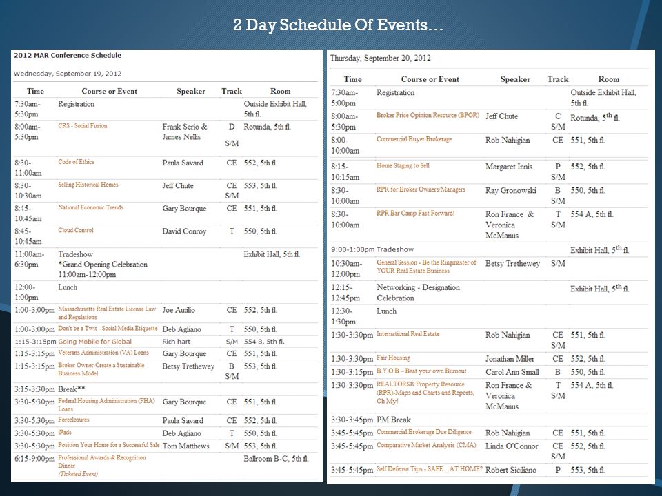 2 Day Schedule Of Events…