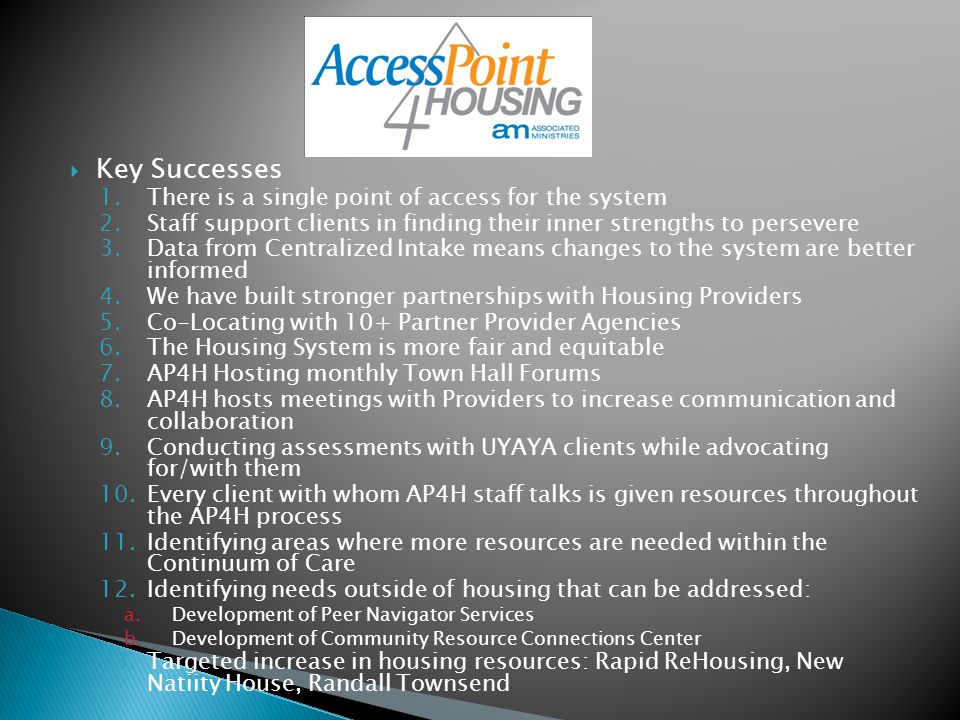  Key Successes 1.There is a single point of access for the system 2.Staff support clients in finding their inner strengths to persevere 3.Data from Centralized Intake means changes to the system are better informed 4.We have built stronger partnerships with Housing Providers 5.Co-Locating with 10+ Partner Provider Agencies 6.The Housing System is more fair and equitable 7.AP4H Hosting monthly Town Hall Forums 8.AP4H hosts meetings with Providers to increase communication and collaboration 9.Conducting assessments with UYAYA clients while advocating for/with them 10.Every client with whom AP4H staff talks is given resources throughout the AP4H process 11.Identifying areas where more resources are needed within the Continuum of Care 12.Identifying needs outside of housing that can be addressed: a.Development of Peer Navigator Services b.Development of Community Resource Connections Center 13.Targeted increase in housing resources: Rapid ReHousing, New Natiity House, Randall Townsend