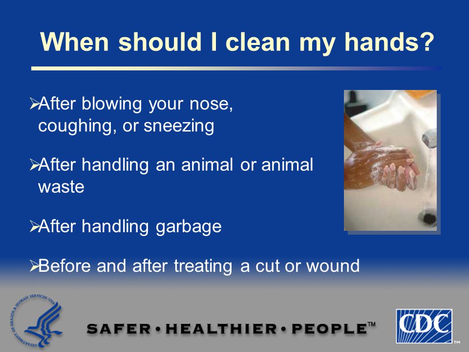  After blowing your nose, coughing, or sneezing  After handling an animal or animal waste  After handling garbage  Before and after treating a cut or wound When should I clean my hands