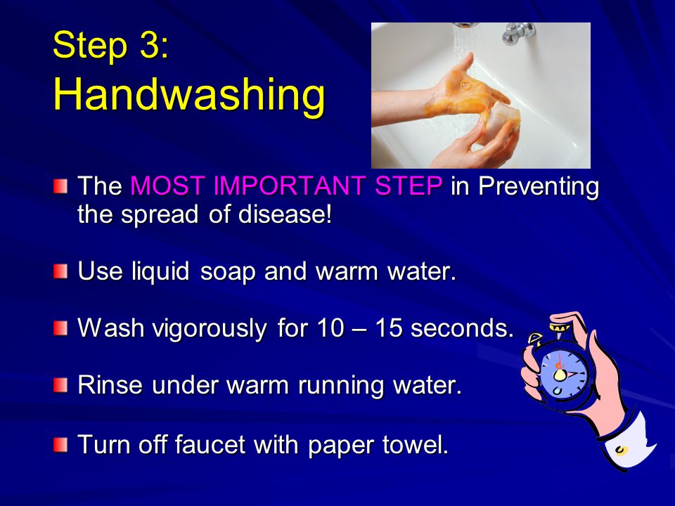 Step 3: Handwashing The MOST IMPORTANT STEP in Preventing the spread of disease.