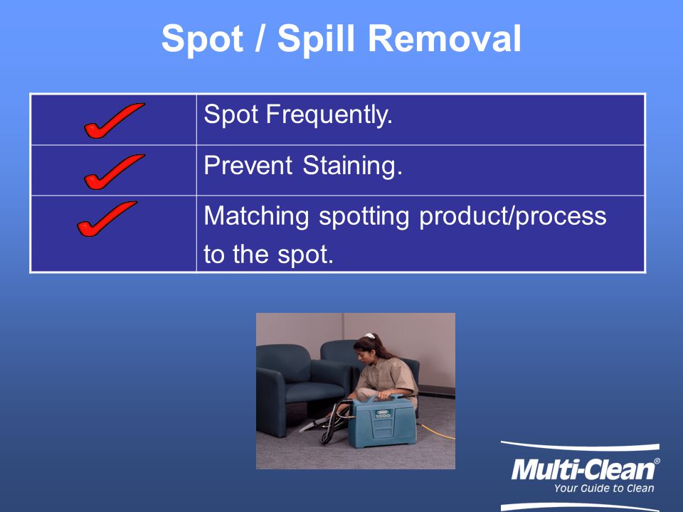 Spot / Spill Removal Spot Frequently. Prevent Staining.