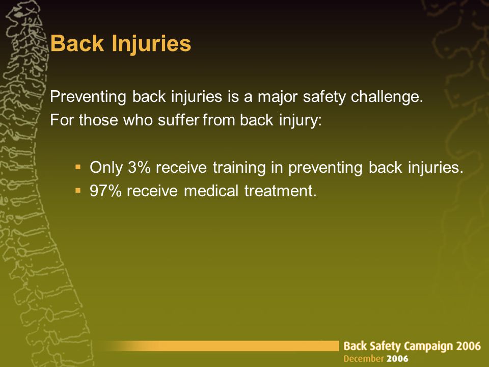 Back Injuries Preventing back injuries is a major safety challenge.