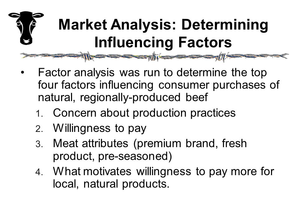 Market Analysis: Determining Influencing Factors Factor analysis was run to determine the top four factors influencing consumer purchases of natural, regionally-produced beef 1.