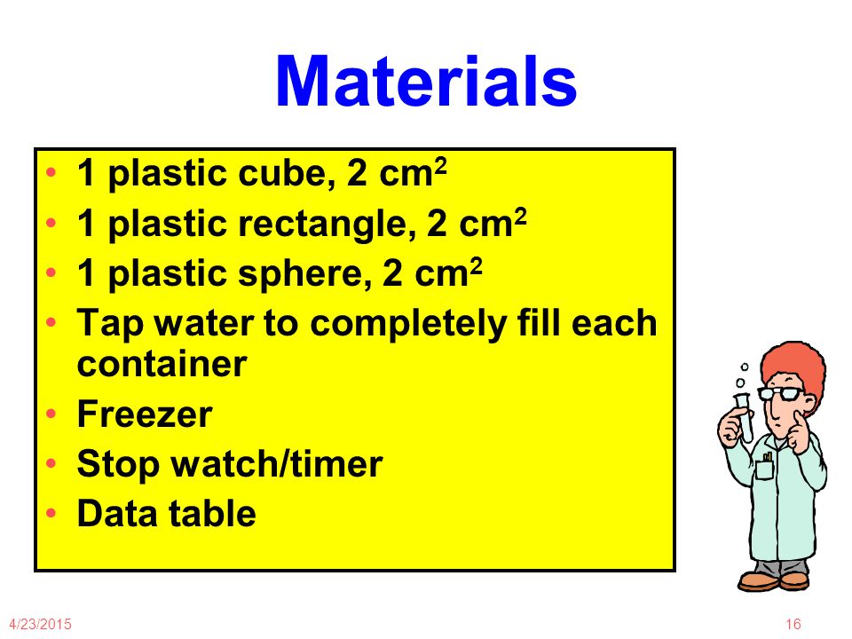 4/23/ Materials 1 plastic cube, 2 cm 2 1 plastic rectangle, 2 cm 2 1 plastic sphere, 2 cm 2 Tap water to completely fill each container Freezer Stop watch/timer Data table