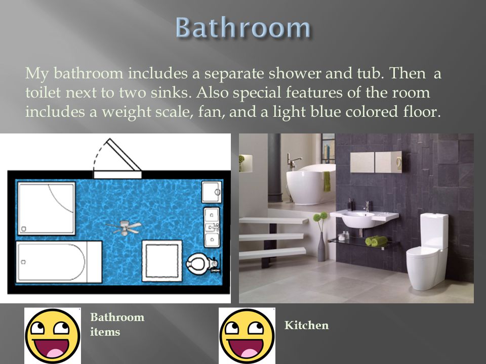 My bathroom includes a separate shower and tub. Then a toilet next to two sinks.