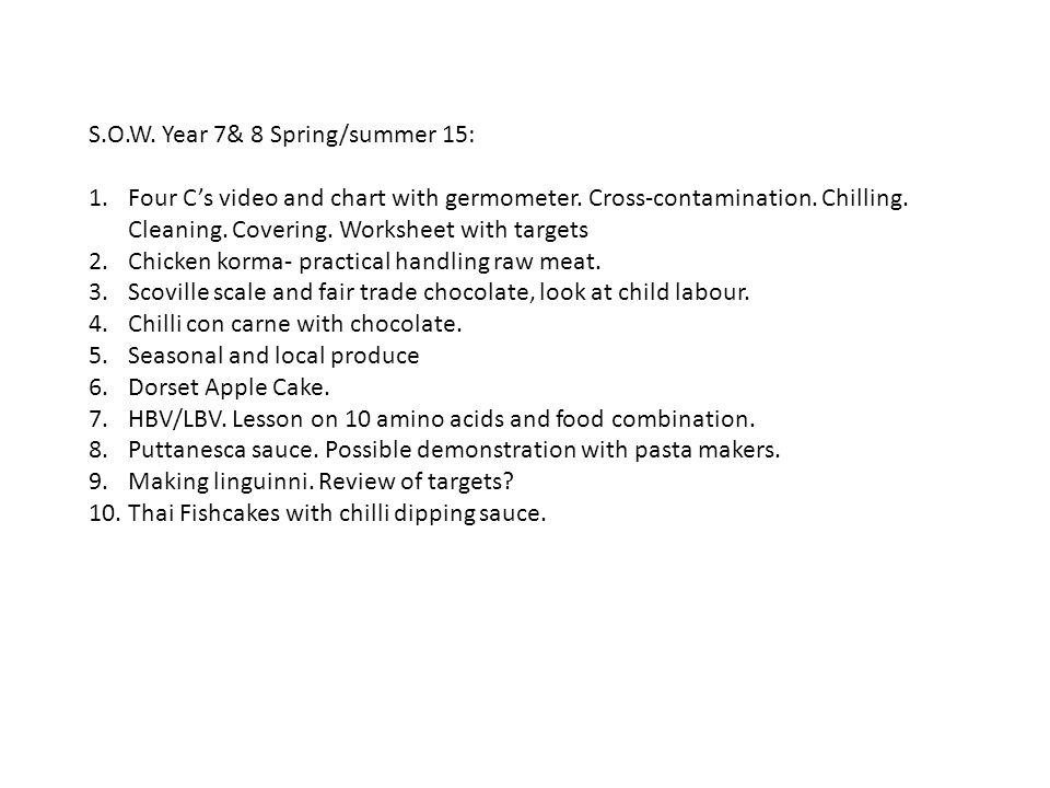 S.O.W. Year 7& 8 Spring/summer 15: 1.Four C’s video and chart with germometer.