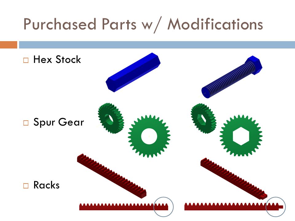 Purchased Parts w/ Modifications  Hex Stock  Spur Gear  Racks