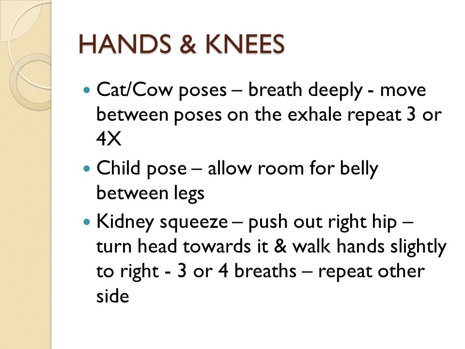 HANDS & KNEES Cat/Cow poses – breath deeply - move between poses on the exhale repeat 3 or 4X Child pose – allow room for belly between legs Kidney squeeze – push out right hip – turn head towards it & walk hands slightly to right - 3 or 4 breaths – repeat other side