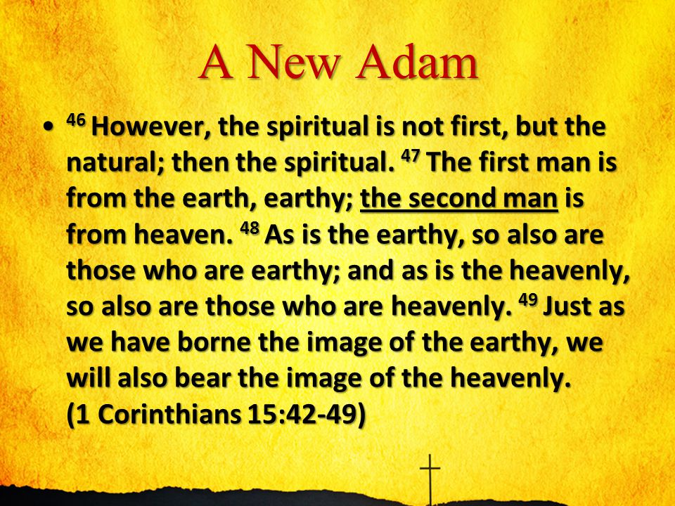 A New Adam 46 However, the spiritual is not first, but the natural; then the spiritual.