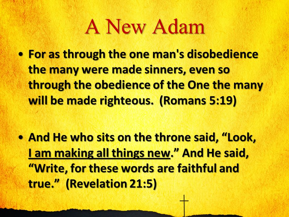 A New Adam For as through the one man s disobedience the many were made sinners, even so through the obedience of the One the many will be made righteous.