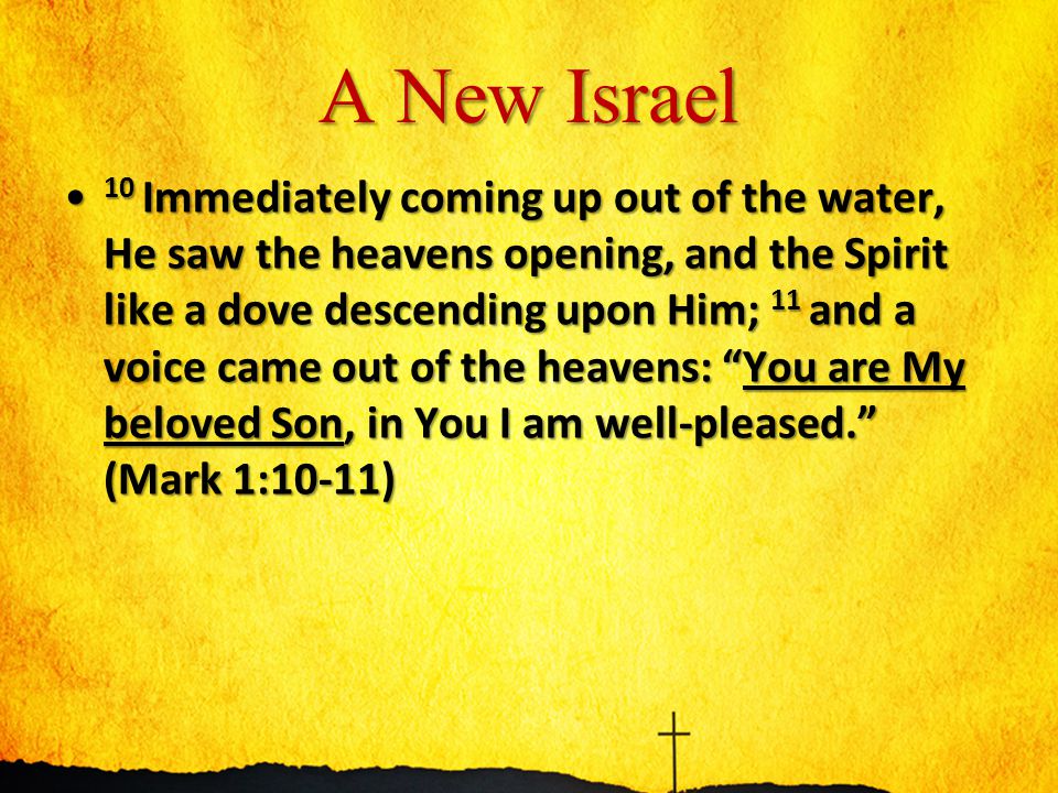 A New Israel 10 Immediately coming up out of the water, He saw the heavens opening, and the Spirit like a dove descending upon Him; 11 and a voice came out of the heavens: You are My beloved Son, in You I am well-pleased. (Mark 1:10-11) 10 Immediately coming up out of the water, He saw the heavens opening, and the Spirit like a dove descending upon Him; 11 and a voice came out of the heavens: You are My beloved Son, in You I am well-pleased. (Mark 1:10-11)