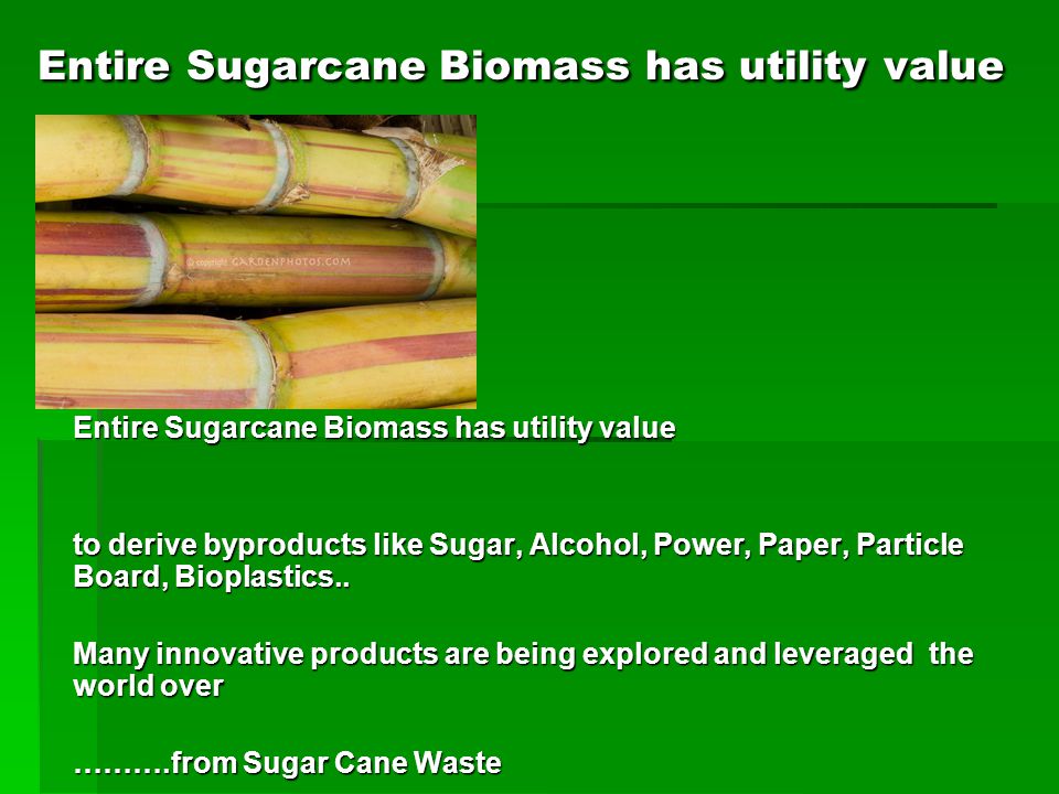 Entire Sugarcane Biomass has utility value Entire Sugarcane Biomass has utility value Entire Sugarcane Biomass has utility value to derive byproducts like Sugar, Alcohol, Power, Paper, Particle Board, Bioplastics..