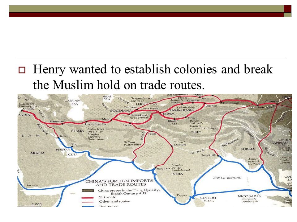 Henry wanted to establish colonies and break the Muslim hold on trade routes.