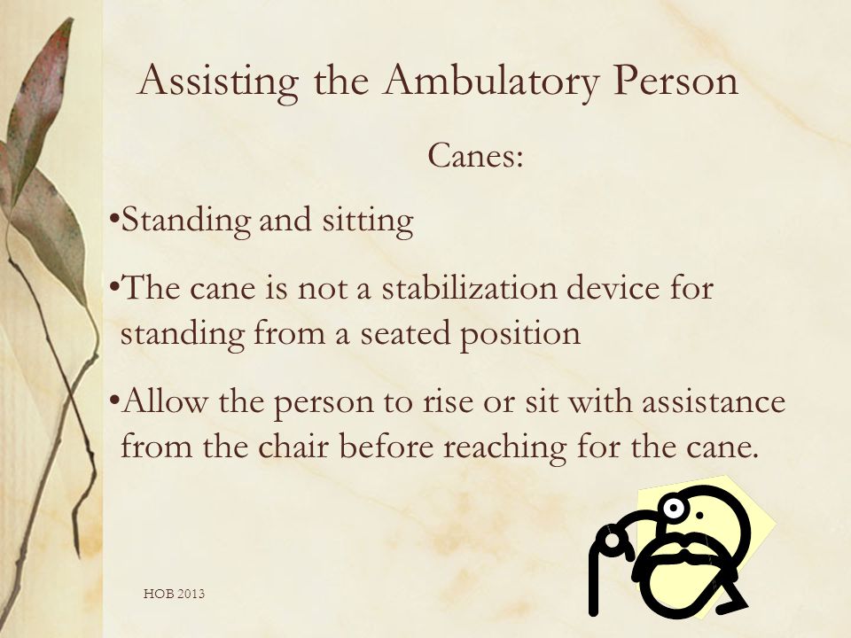 HOB 2013 Canes: Standing and sitting The cane is not a stabilization device for standing from a seated position Allow the person to rise or sit with assistance from the chair before reaching for the cane.