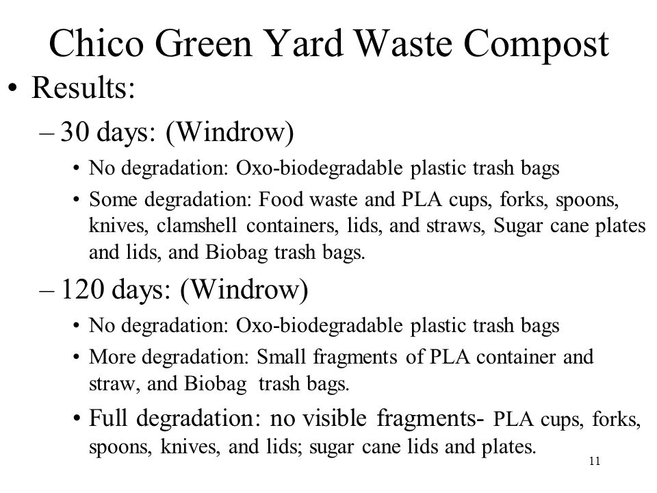 11 Chico Green Yard Waste Compost Results: –30 days: (Windrow) No degradation: Oxo-biodegradable plastic trash bags Some degradation: Food waste and PLA cups, forks, spoons, knives, clamshell containers, lids, and straws, Sugar cane plates and lids, and Biobag trash bags.