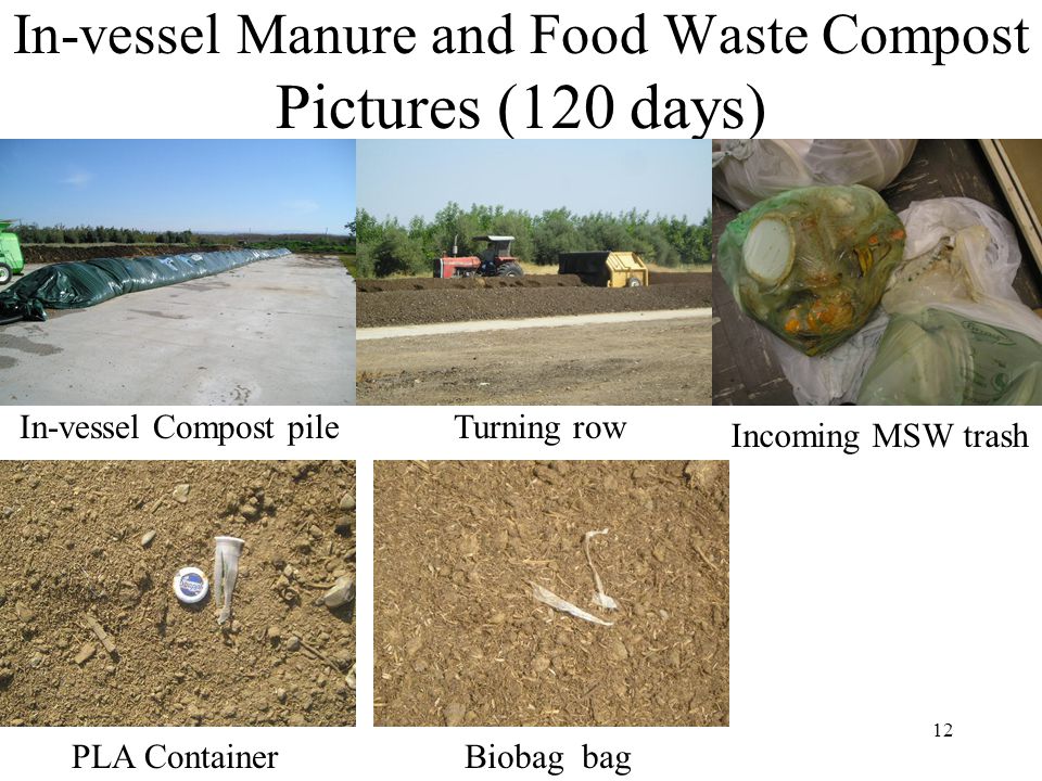 12 In-vessel Manure and Food Waste Compost Pictures (120 days) In-vessel Compost pile PLA ContainerBiobag bag Incoming MSW trash Turning row