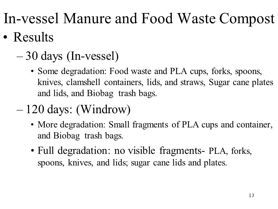 13 In-vessel Manure and Food Waste Compost Results –30 days (In-vessel) Some degradation: Food waste and PLA cups, forks, spoons, knives, clamshell containers, lids, and straws, Sugar cane plates and lids, and Biobag trash bags.