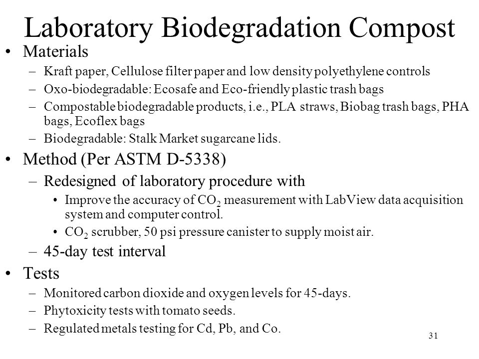 31 Laboratory Biodegradation Compost Materials –Kraft paper, Cellulose filter paper and low density polyethylene controls –Oxo-biodegradable: Ecosafe and Eco-friendly plastic trash bags –Compostable biodegradable products, i.e., PLA straws, Biobag trash bags, PHA bags, Ecoflex bags –Biodegradable: Stalk Market sugarcane lids.