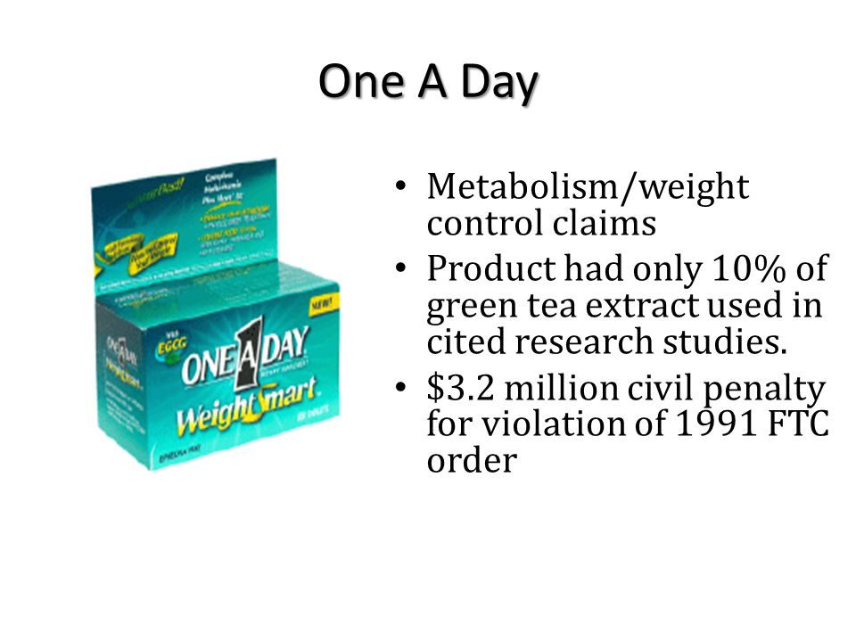 One A Day Metabolism/weight control claims Product had only 10% of green tea extract used in cited research studies.