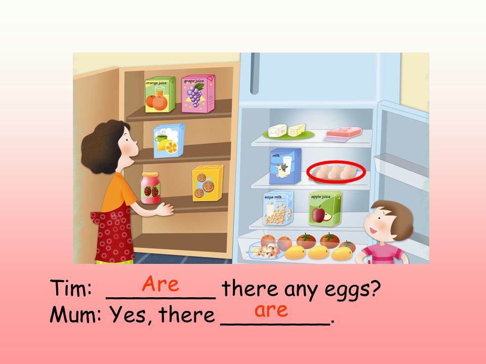 Tim: ________ there any eggs Mum: Yes, there ________. Are are