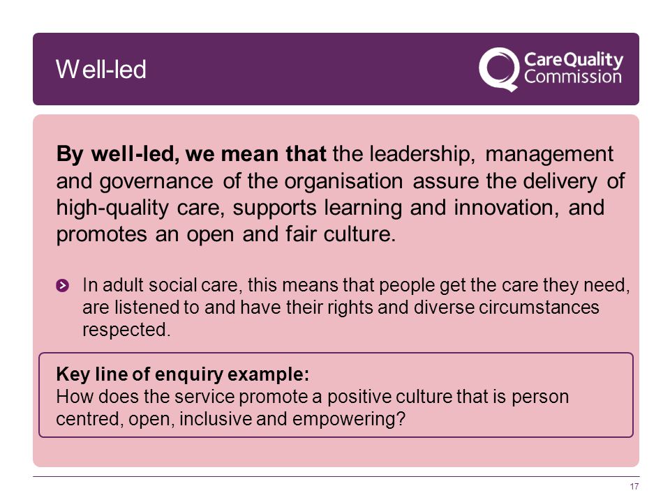 Well-led By well-led, we mean that the leadership, management and governance of the organisation assure the delivery of high-quality care, supports learning and innovation, and promotes an open and fair culture.