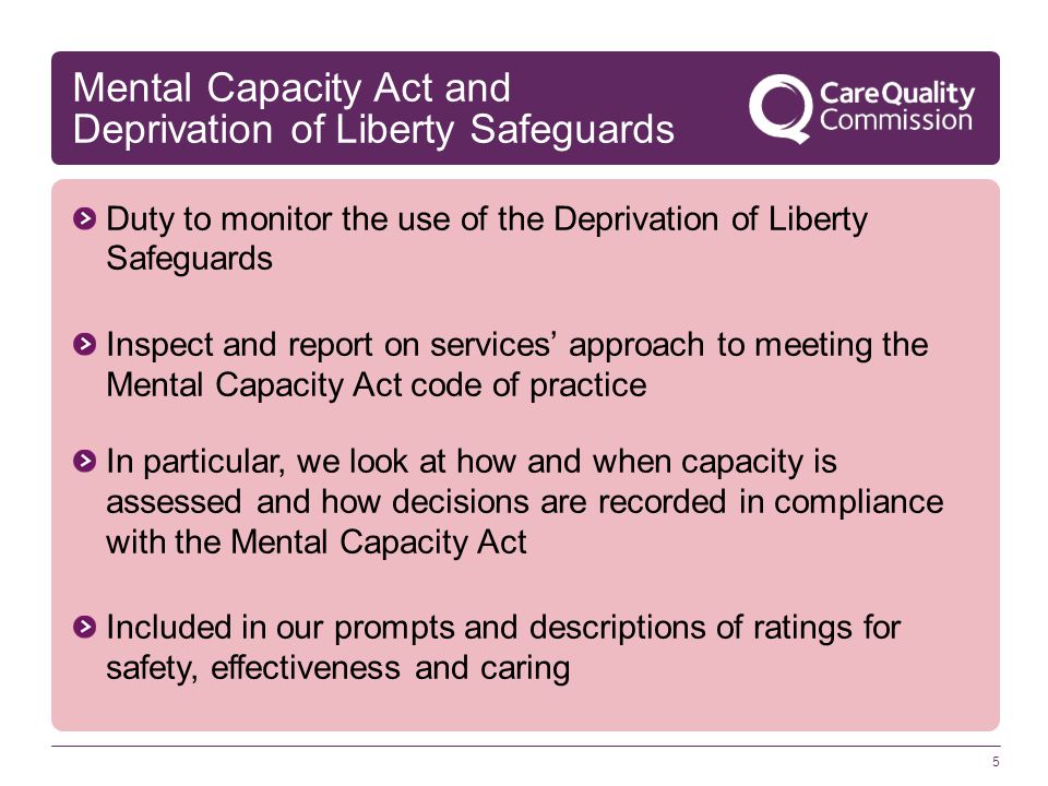5 Mental Capacity Act and Deprivation of Liberty Safeguards Duty to monitor the use of the Deprivation of Liberty Safeguards Inspect and report on services’ approach to meeting the Mental Capacity Act code of practice In particular, we look at how and when capacity is assessed and how decisions are recorded in compliance with the Mental Capacity Act Included in our prompts and descriptions of ratings for safety, effectiveness and caring