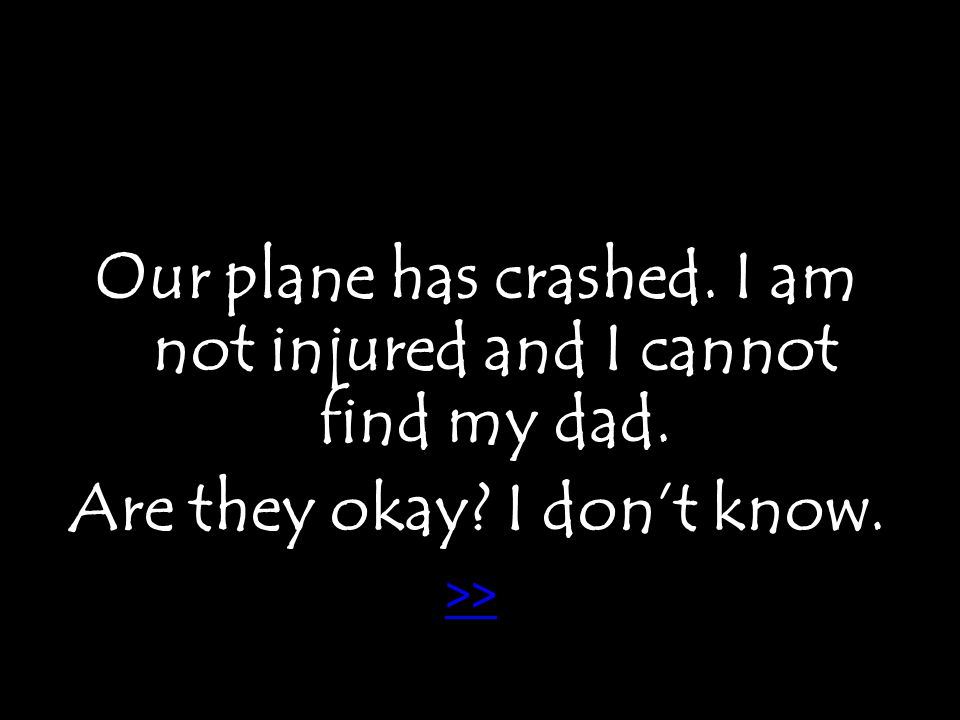 Our plane has crashed. I am not injured and I cannot find my dad. Are they okay I don’t know. >>