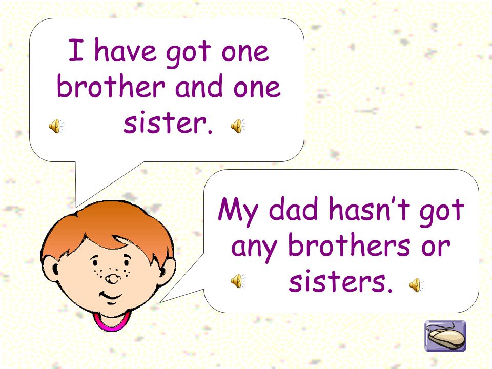 I have got one brother and one sister. My dad hasn’t got any brothers or sisters.