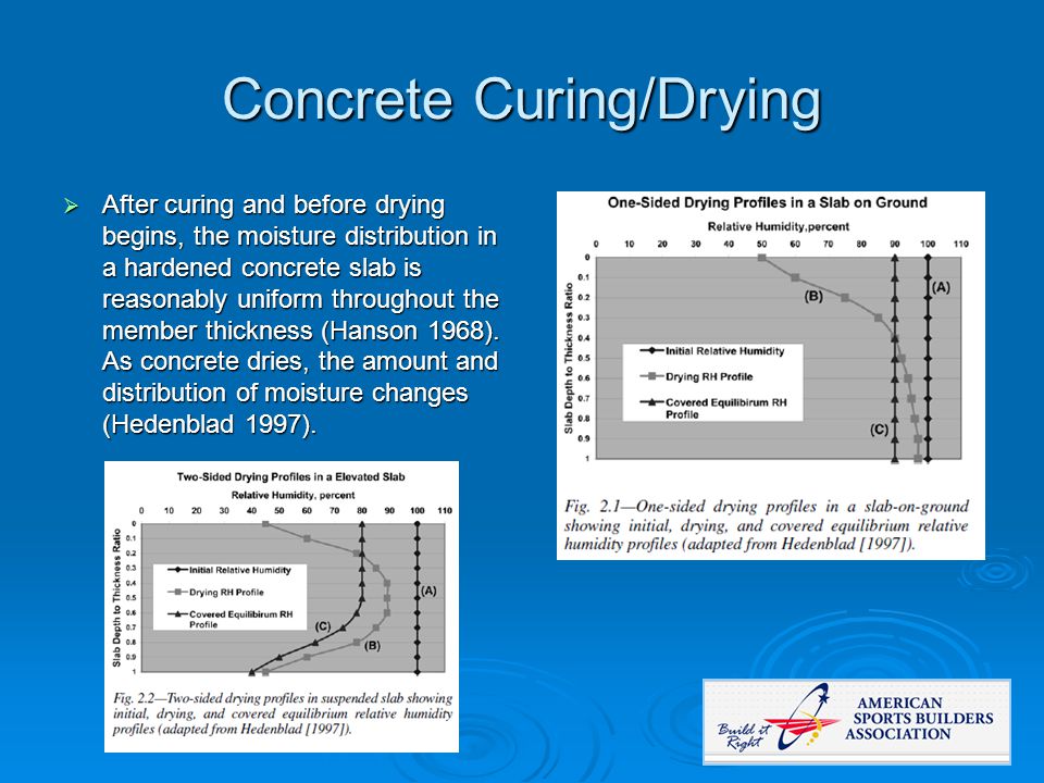 Concrete Curing/Drying  After curing and before drying begins, the moisture distribution in a hardened concrete slab is reasonably uniform throughout the member thickness (Hanson 1968).
