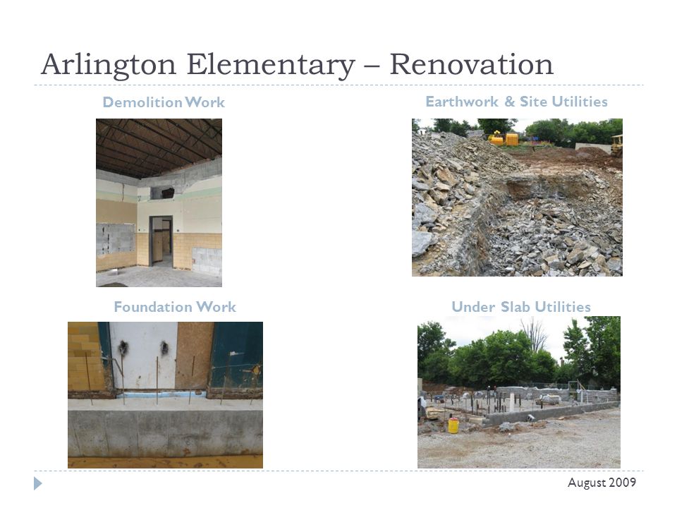 Arlington Elementary – Renovation Demolition Work Earthwork & Site Utilities August 2009 Foundation WorkUnder Slab Utilities
