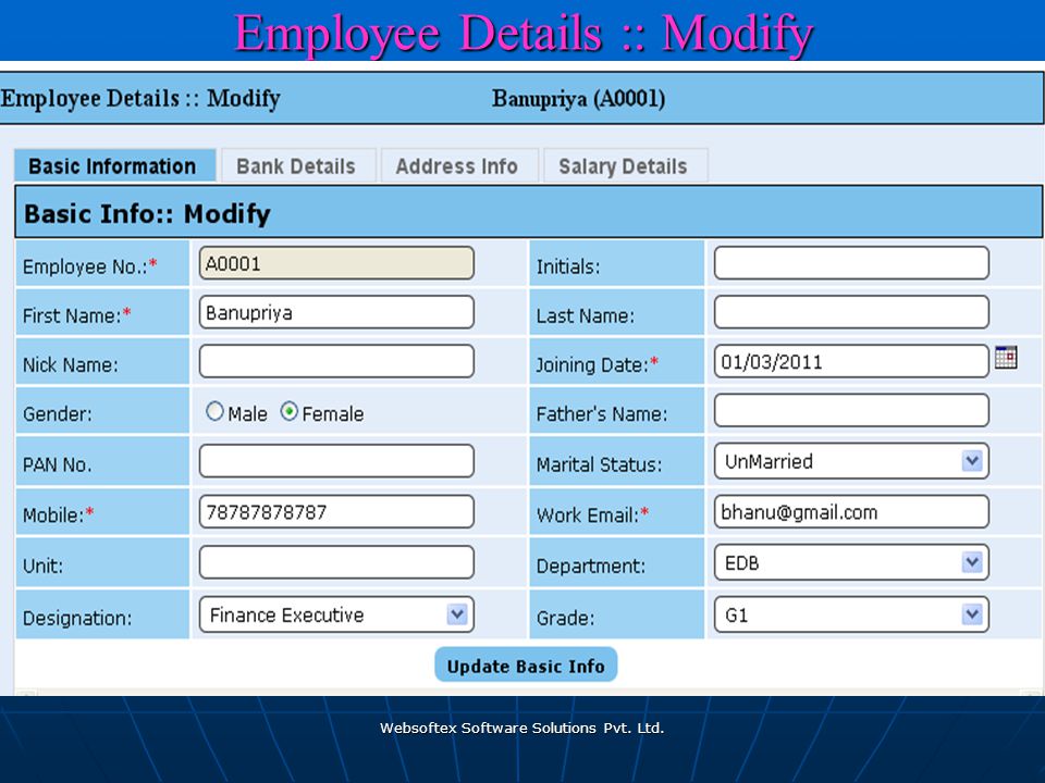 Websoftex Software Solutions Pvt. Ltd. Employee Details :: Modify