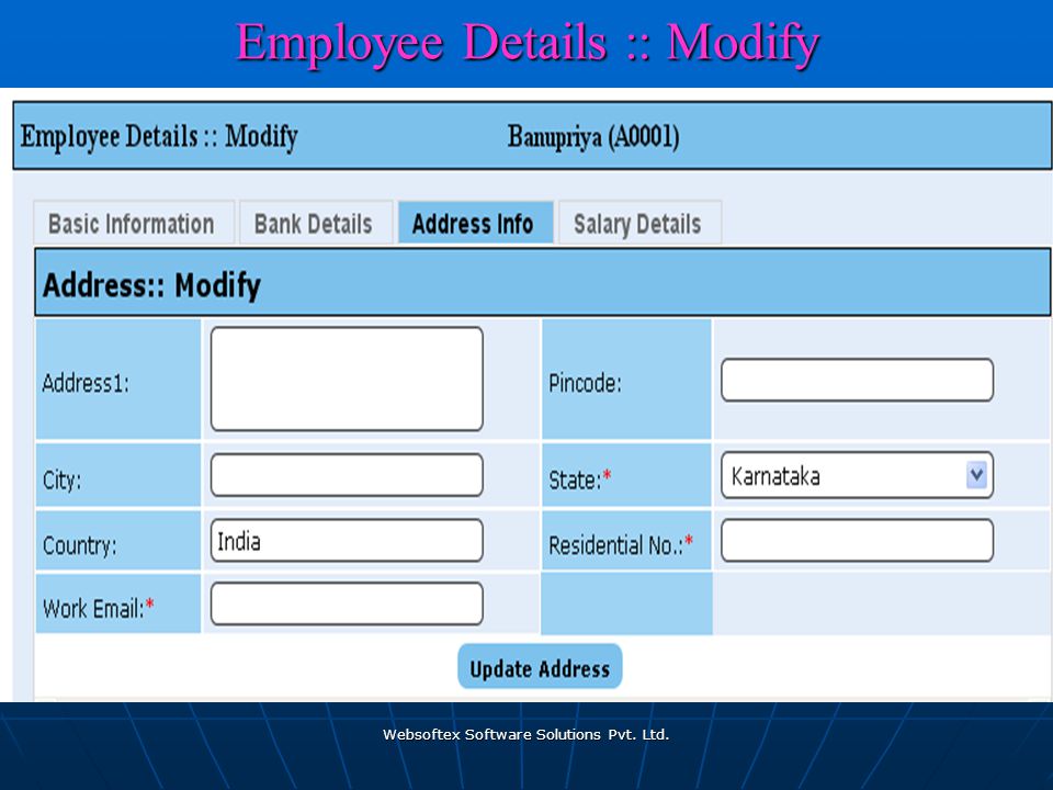 Websoftex Software Solutions Pvt. Ltd. Employee Details :: Modify