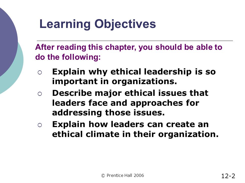 © Prentice Hall 2006 Learning Objectives  Explain why ethical leadership is so important in organizations.