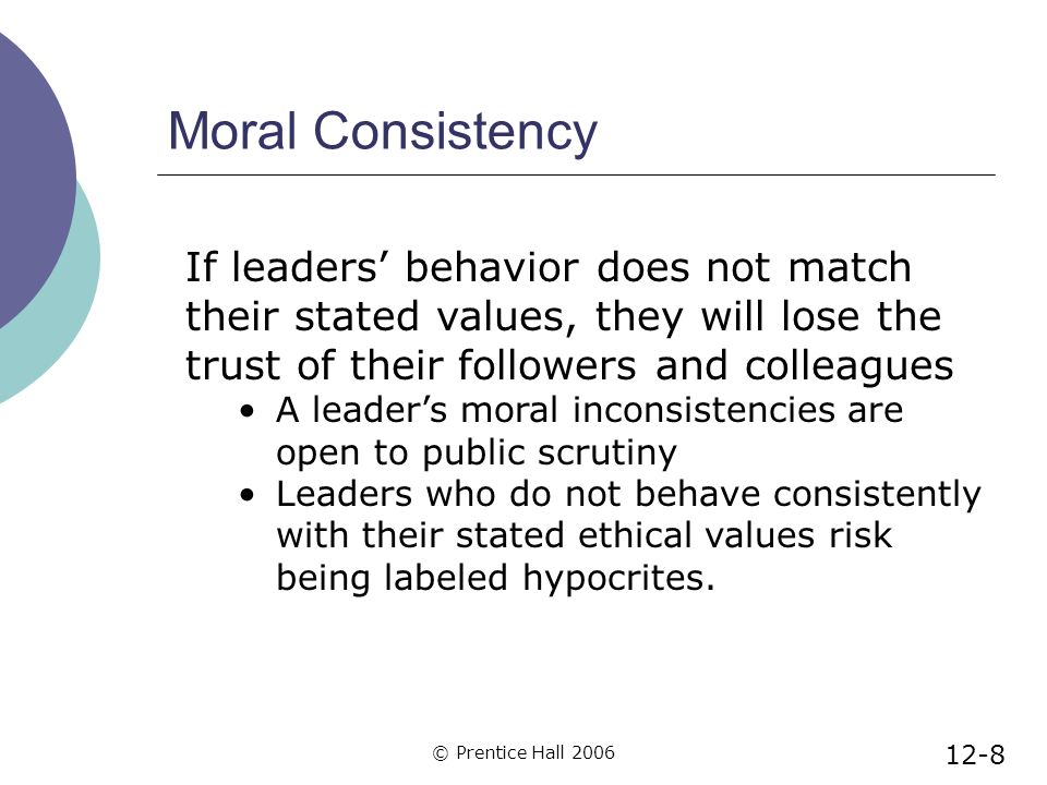 © Prentice Hall 2006 Moral Consistency If leaders’ behavior does not match their stated values, they will lose the trust of their followers and colleagues A leader’s moral inconsistencies are open to public scrutiny Leaders who do not behave consistently with their stated ethical values risk being labeled hypocrites.