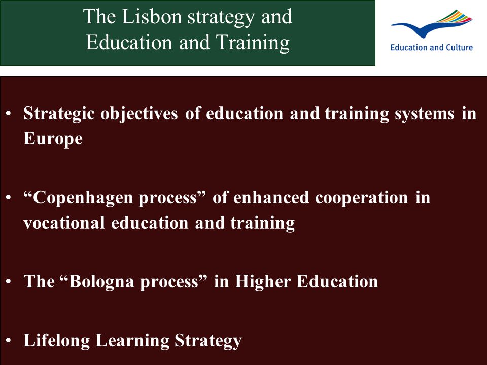 The Lisbon strategy and Education and Training Strategic objectives of education and training systems in Europe Copenhagen process of enhanced cooperation in vocational education and training The Bologna process in Higher Education Lifelong Learning Strategy
